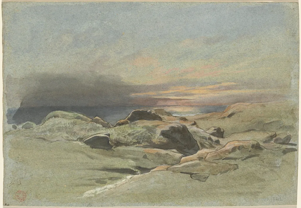 Sunset from a Rocky Coastline, by Jean Achille Benouville, ink, 1842