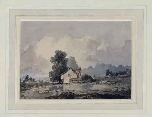 Landscape with pond and cottage, by William Noble Hardwick, watercolor, 1825