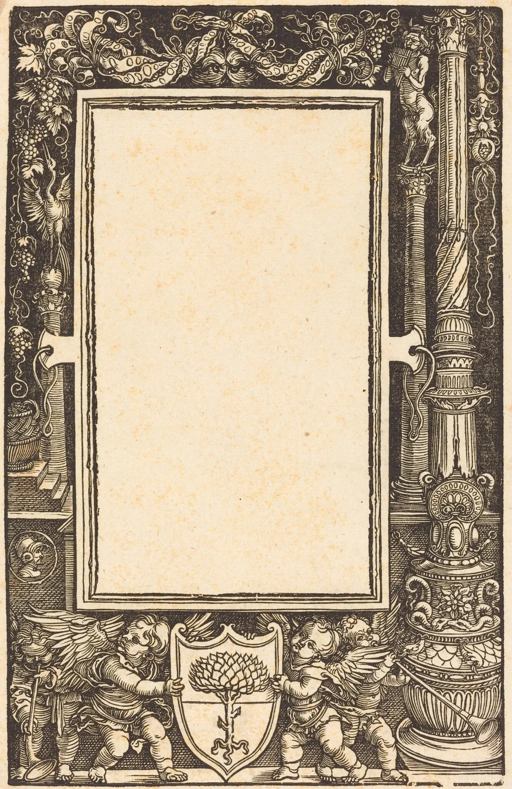 Title-Border with Putti Holding the Pirckheimer Arms, by Albrecht Dürer, ink, 1513