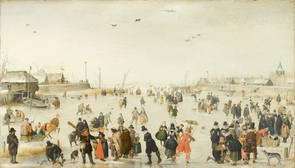 Winter Scene on a Frozen Canal, by Hendrick Avercamp, oil, 1620