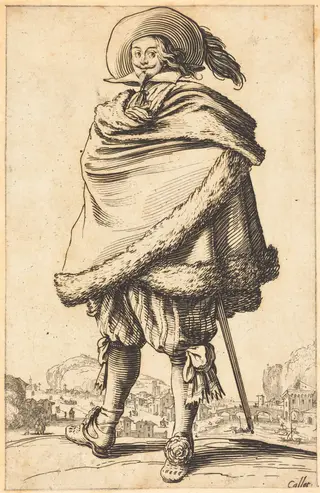 Noble Man Wrapped in a Mantle Trimmed with Fur, by Jacques Callot, ink, 1622