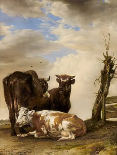 Two Cows and a Young Bull beside a Fence in a Meadow, by Paulus Potter, oil, 1647