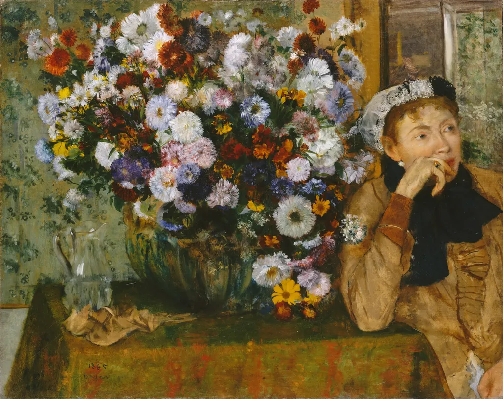 A Woman Seated beside a Vase of Flowers, by Edgar Degas, oil, 1865