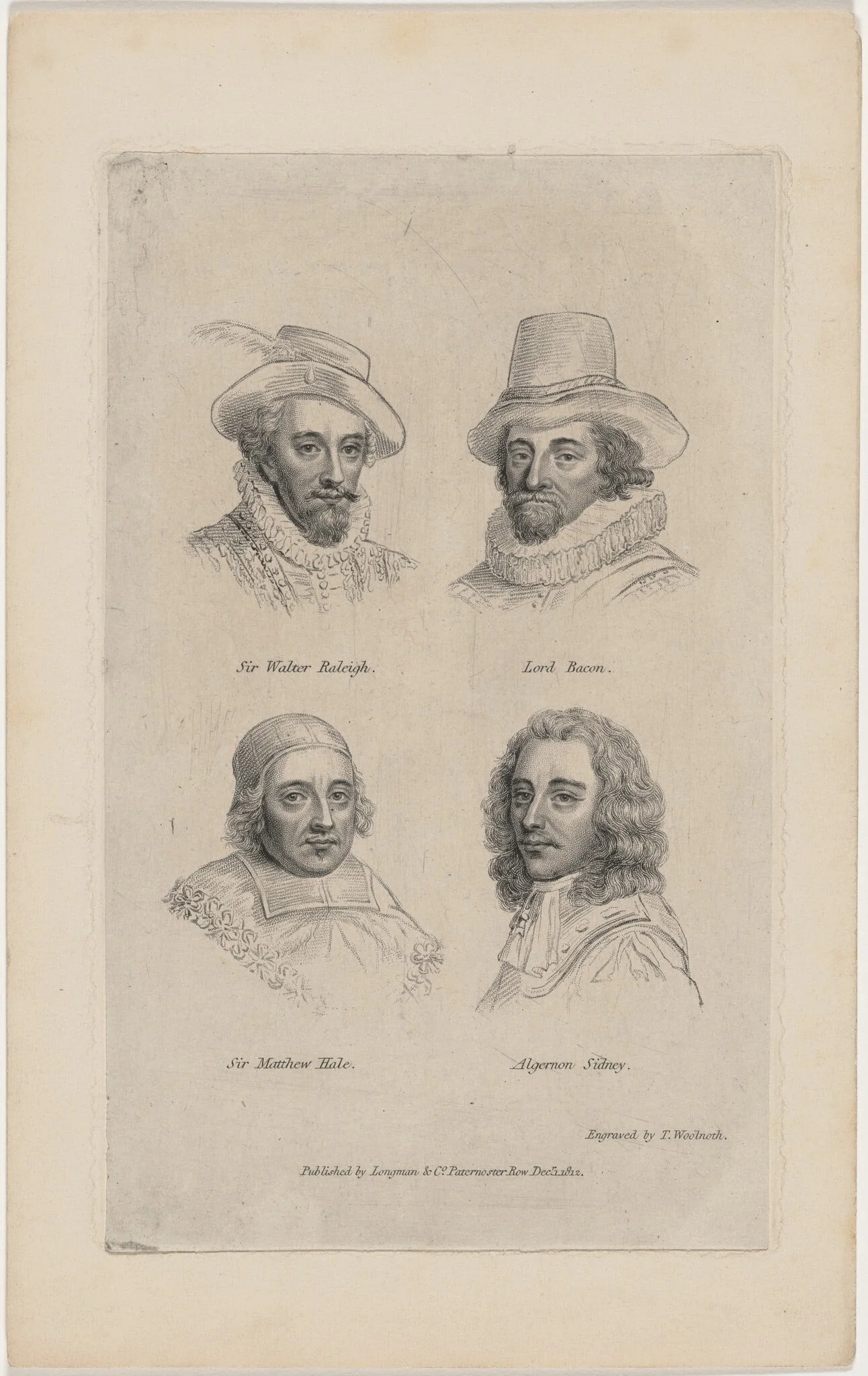 Portraits of Sir Walter Raleigh, Lord Bacon, Algernon Sidney, and Sir Matthew Hale, detail