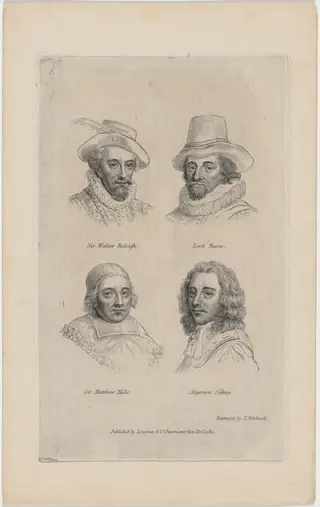 Portraits of Sir Walter Raleigh, Lord Bacon, Algernon Sidney, and Sir Matthew Hale, by Thomas Woolnoth, 1821