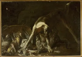 Dog attacking a cat, by Jan Vonck, oil, 1657