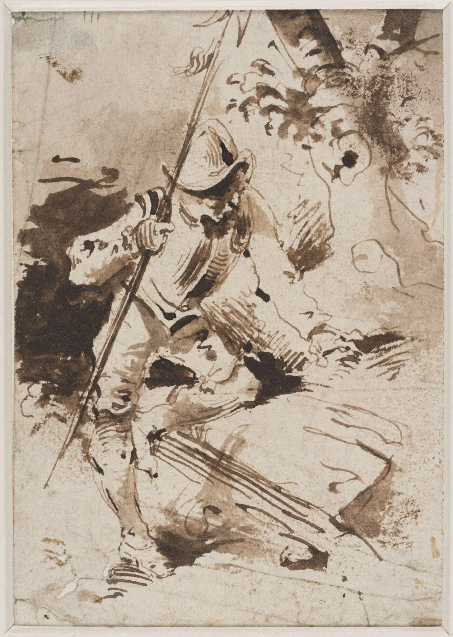 A halberdier resting his left hand and knee on a rock, with a tree in the backgroud, detail