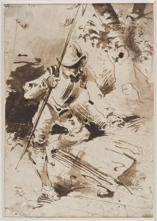 A halberdier resting his left hand and knee on a  rock, with a tree in the backgroud, by Salvator Rosa, 1650