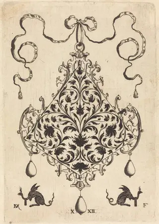 Large Pendant, Ornamental Foliage Design, by Daniel Mignot, ink, 1596