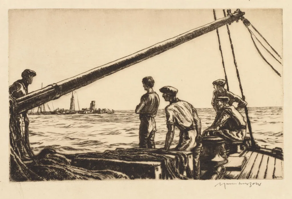 Salvage Men Approaching a Torpedoed Ship, by Muirhead Bone, 1919