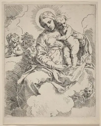 The Virgin and Child, by Simone Cantarini, ink, 1630
