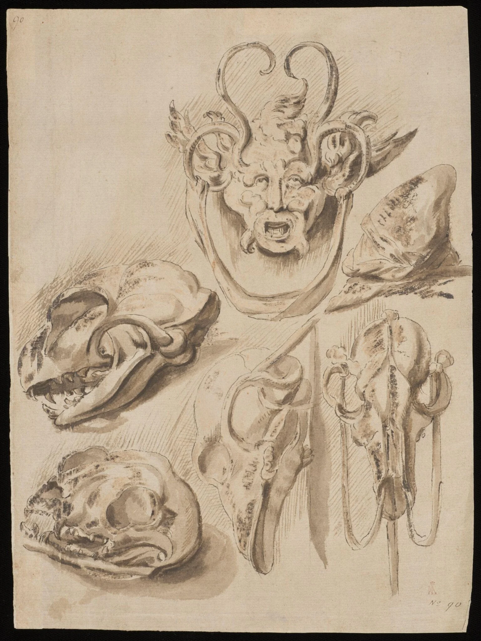 grotesque mask and animal skull, detail