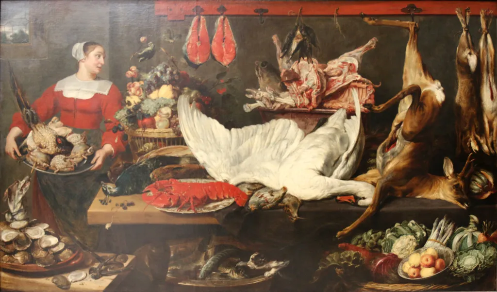 Kitchen interior with a servant girl holding a plate with poultry and a table with an abundance of game, fish, fruit and vegetables, by Frans Snyders, oil, 1634