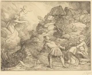 Allegory of the Peasant and Fortune (Le paysan et la fortune: Sujet allegorique), by Alphonse Legros, ink, 1874