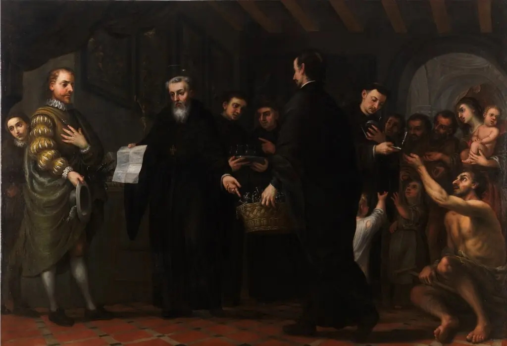San Agustín repartiendo los bienes de los ricos entre los pobres, by José García Hidalgo, oil, 1663