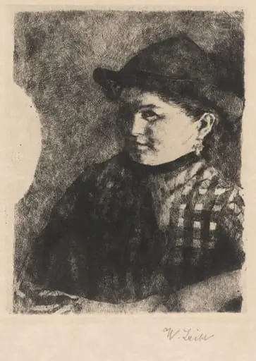 Bust of a Young Peasant Girl in a Plaid Jacket, by Wilhelm Leibl, ink, 1876