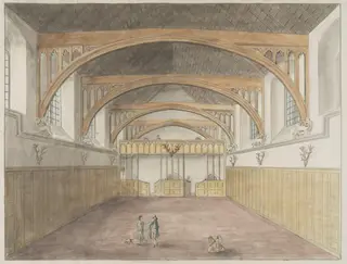 Interior of Hall, looking towards screen., by James Lambert senior, 1776
