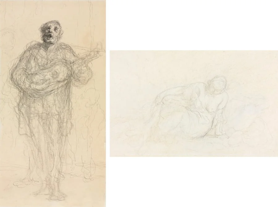 Singing Guitarist (recto); Reclining Woman Leaning on Her Arm (verso), detail