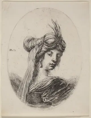 Woman in a Feathered Turban with a Veil, Turned to the Right, by Stefano Della Bella, ink, 1650