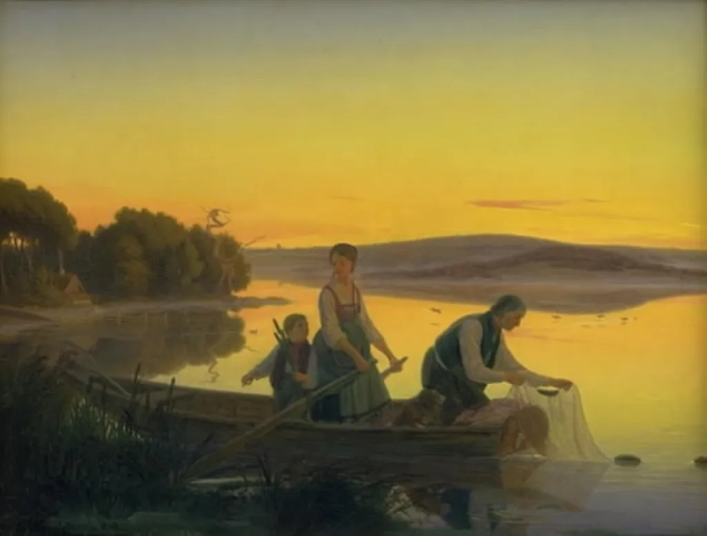 En gammel fisker der om aftenen sætter sine garn ud, by Jørgen Sonne, oil, 1844