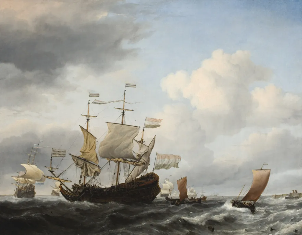 A Dutch Flagship Coming to Anchor, by Willem van de Velde the Younger, oil, 1672