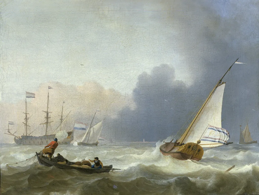 Rough sea with a Dutch yacht under sail, by Ludolf Bakhuizen, oil, 1698