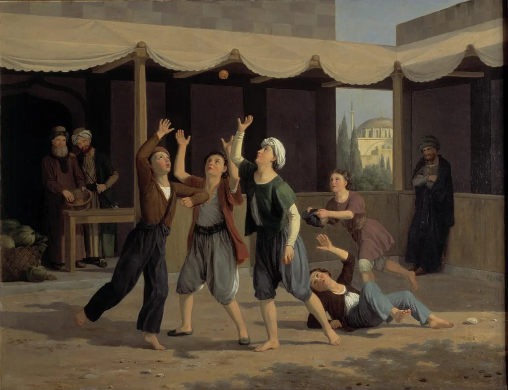 Aladdin griber imellem andre drenge efter de nedkastede pommeranser, by Adam August Müller, oil, 1831