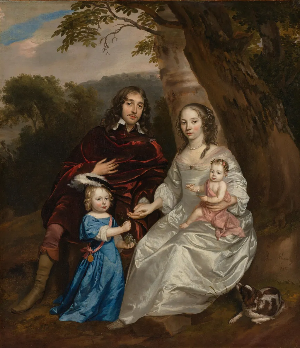 Portrait of Govert van Slingelandt (1623-1690), with his First Wife Christina van Beveren (1632-1656) and their Two Children, by Johannes Mytens, unspecified, 1657
