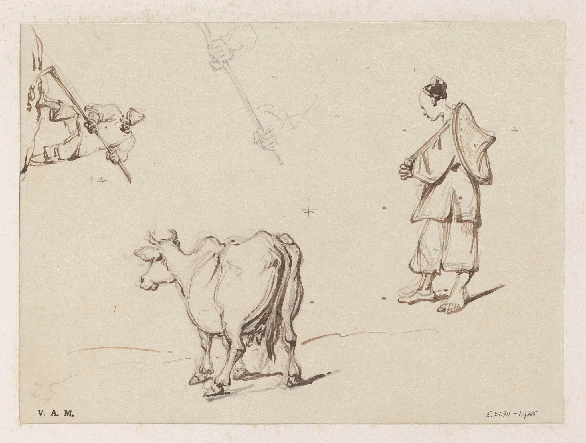 Drawings of figures and a cow, detail