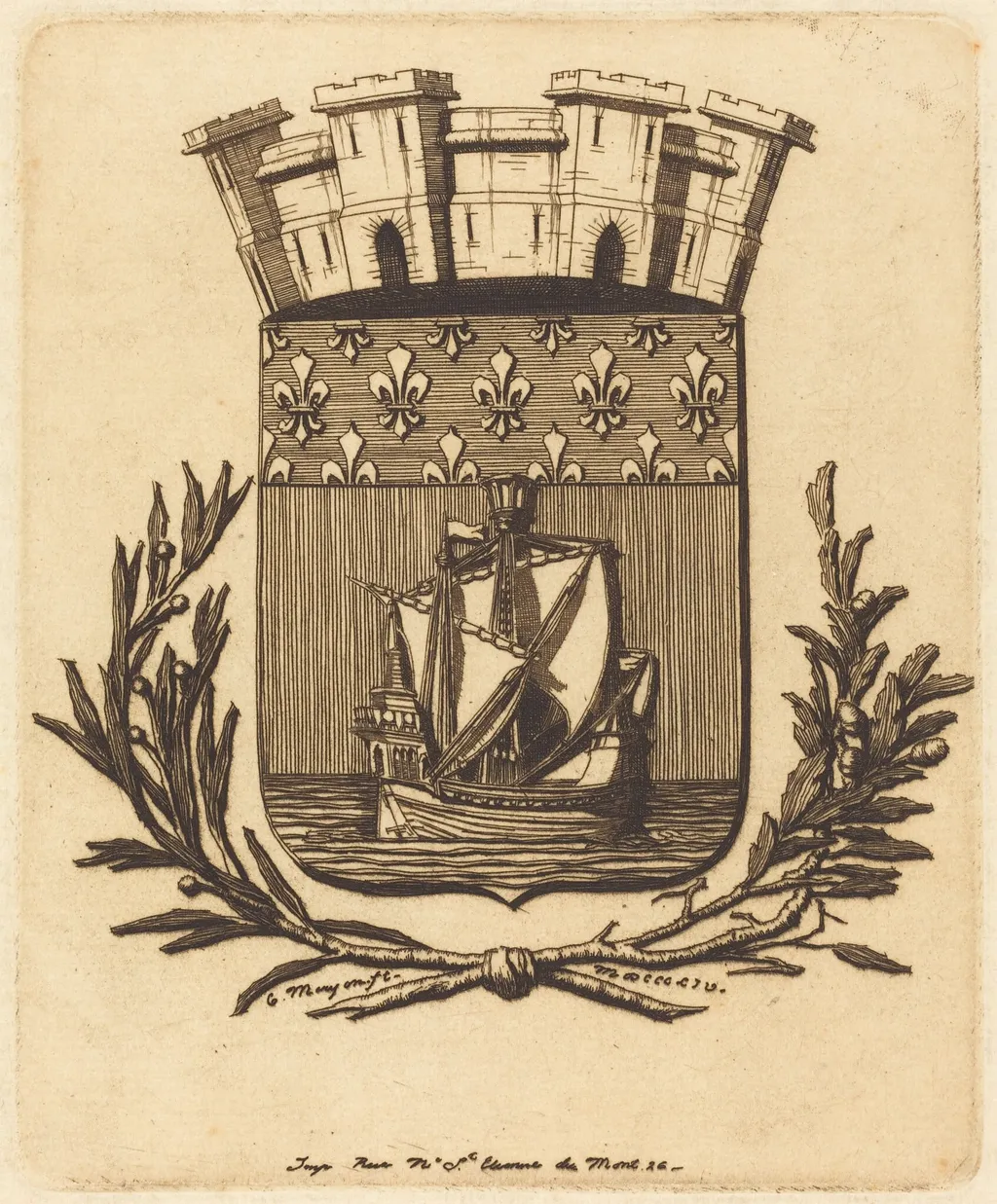 Armes symboliques de la ville de Paris (Symbolical Arms of the City of Paris), by Charles Meryon, ink, 1854