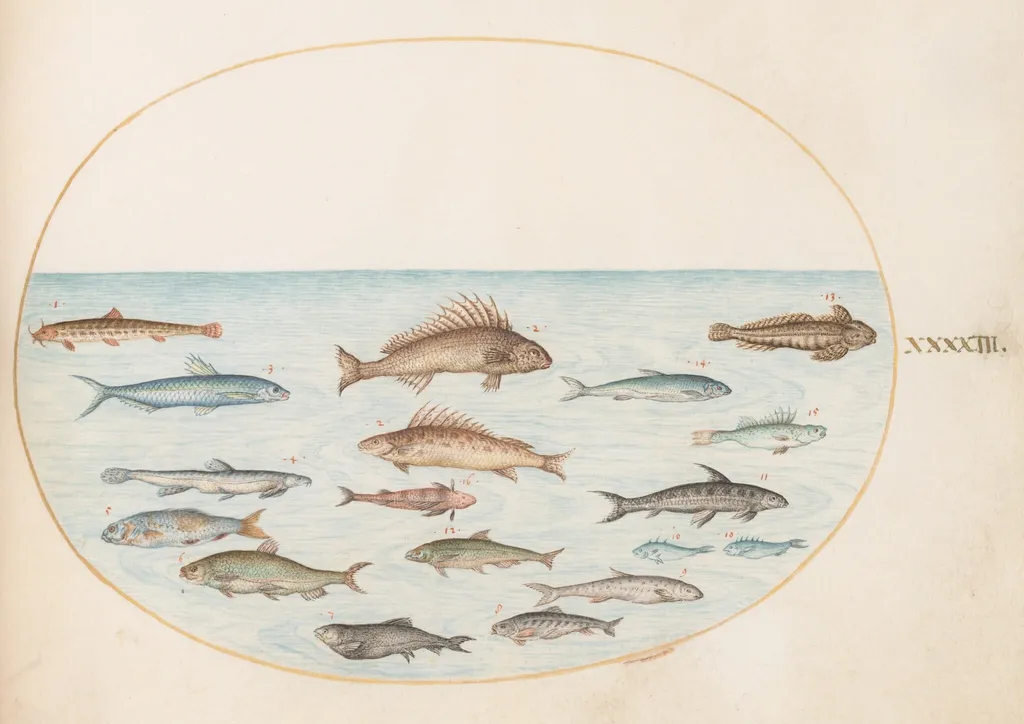 Plate 43: Fifteen Fish, by Joris Hoefnagel, gouache, 1594