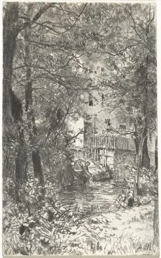 Landscape with a Washerwoman, by Adolph von Menzel, graphite, 1890