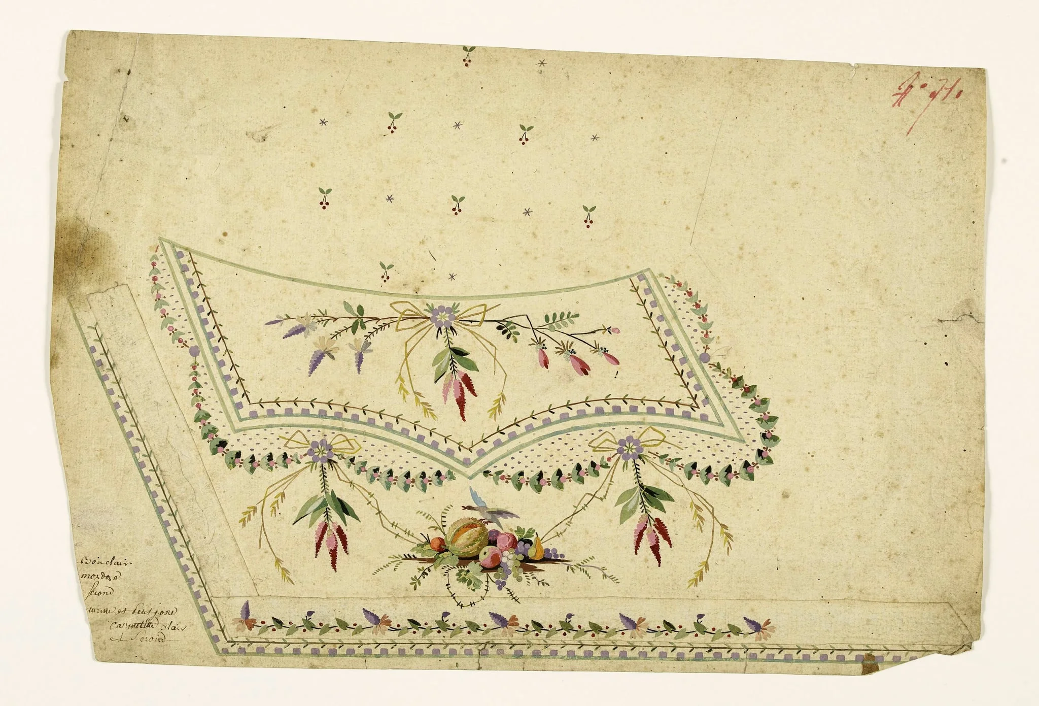 Composition avec trophée de fruits et volatile, guirlandes de fleurs stylisées à noeuds d'épis et de glycine, frises de denticules mauves, projets de broderies de gilet, XVIIIème siècle, detail