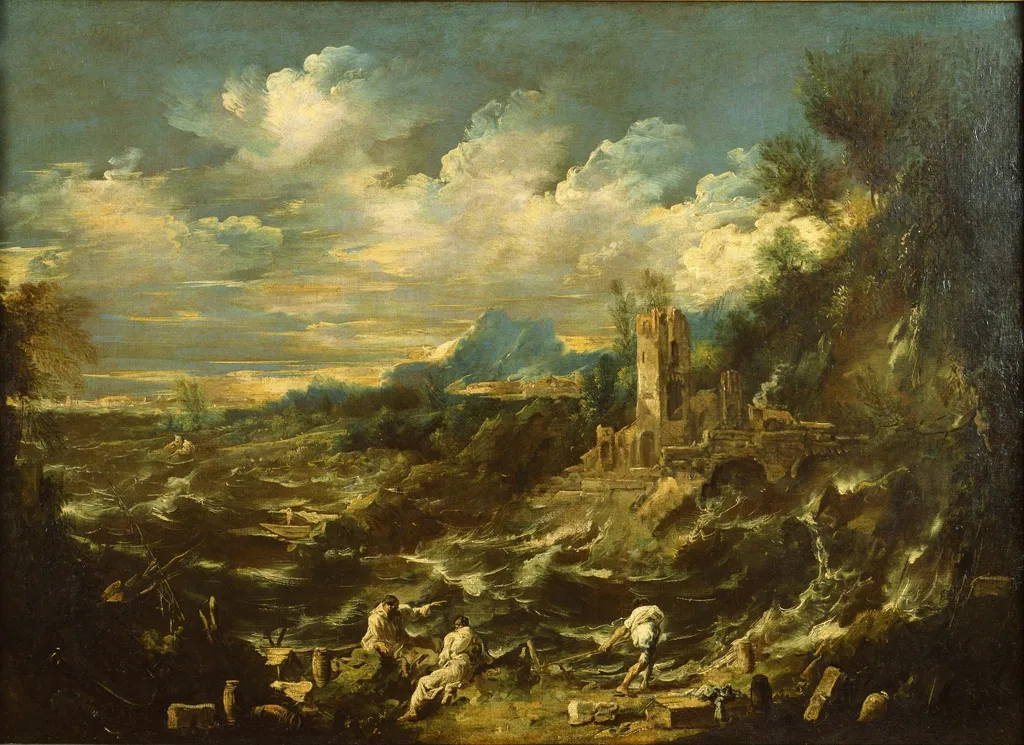 Landscape with Stormy Sea, by Alessandro Magnasco, oil, 1721