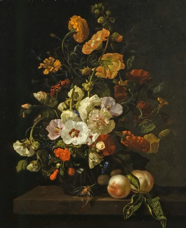 Flowers in a glass vase, with insects and peaches, on a marble tabletop, detail