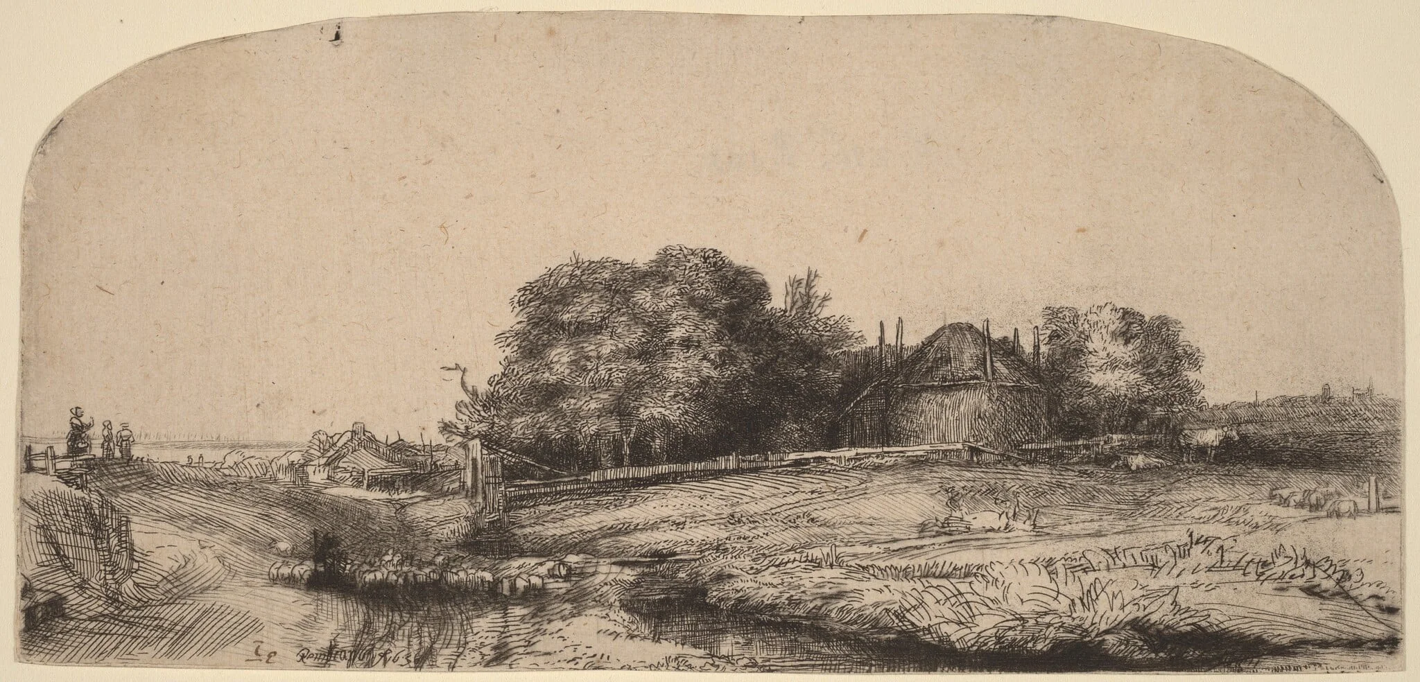 Landscape with a Hay Barn and a Flock of Sheep, detail