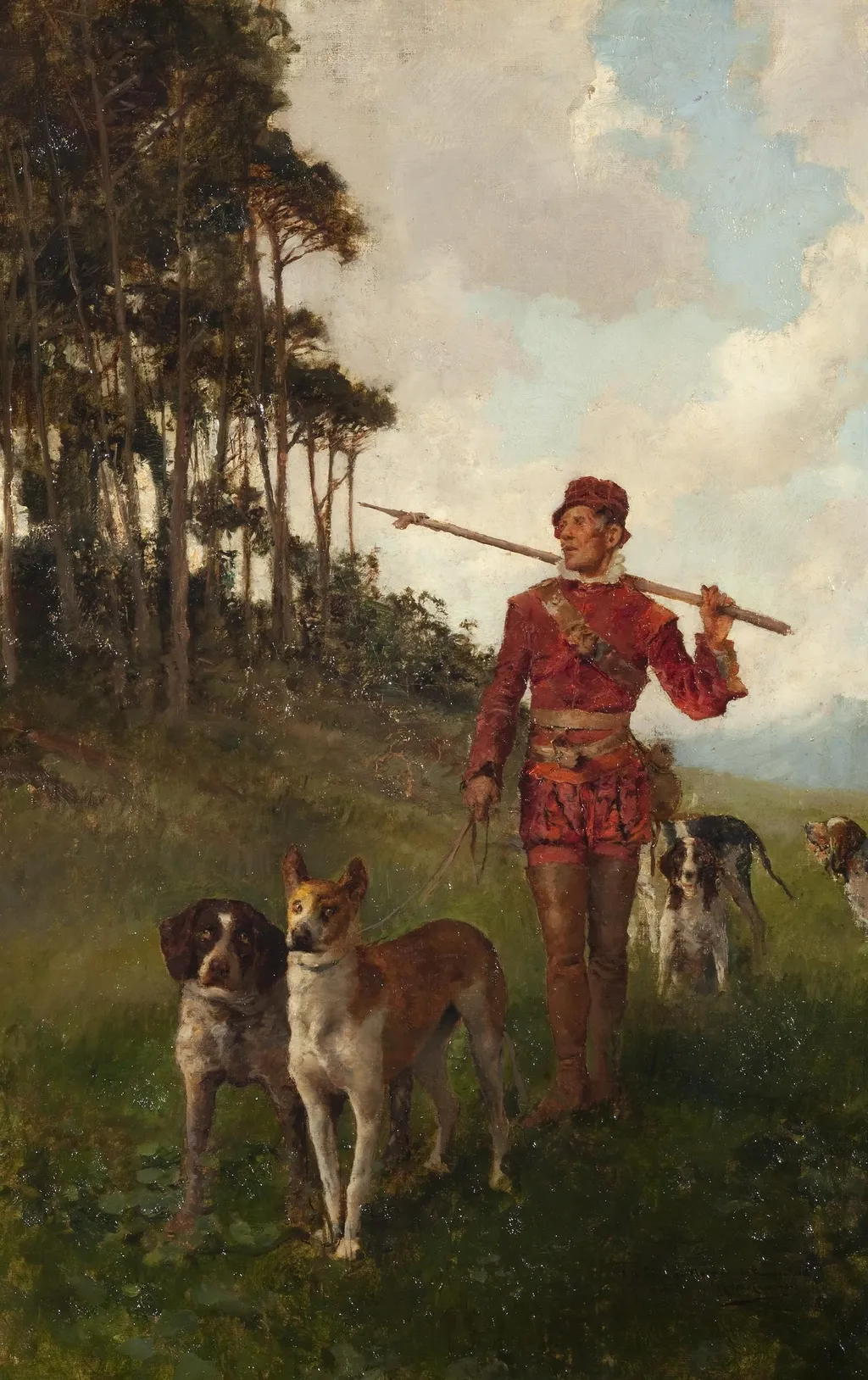 Montero con perros, by José Moreno Carbonero, oil, 1893