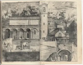 View of the Quadrant: the Main Door, the Square, the Church and the Loggia of the Monastery of the Monte della Vernia (Prospettiva dell'ingresso della prima porta, con la Piazza, Chiesa, & Loggie del Monastero del Monte della Vernia, come sta quest'Anno MDCXII) [plate D], by Jacopo Ligozzi, ink, 1612