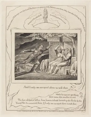 The Messengers Tell Job of His Misfortunes, by William Blake, ink, 1825