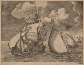 A Fleet of Galleys Escorted by a Caravel, by Frans Huys, ink