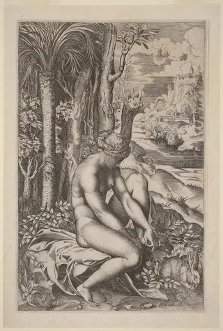 Venus Extracting a Thorn from Her Foot, by Marco Dente, ink, 1518