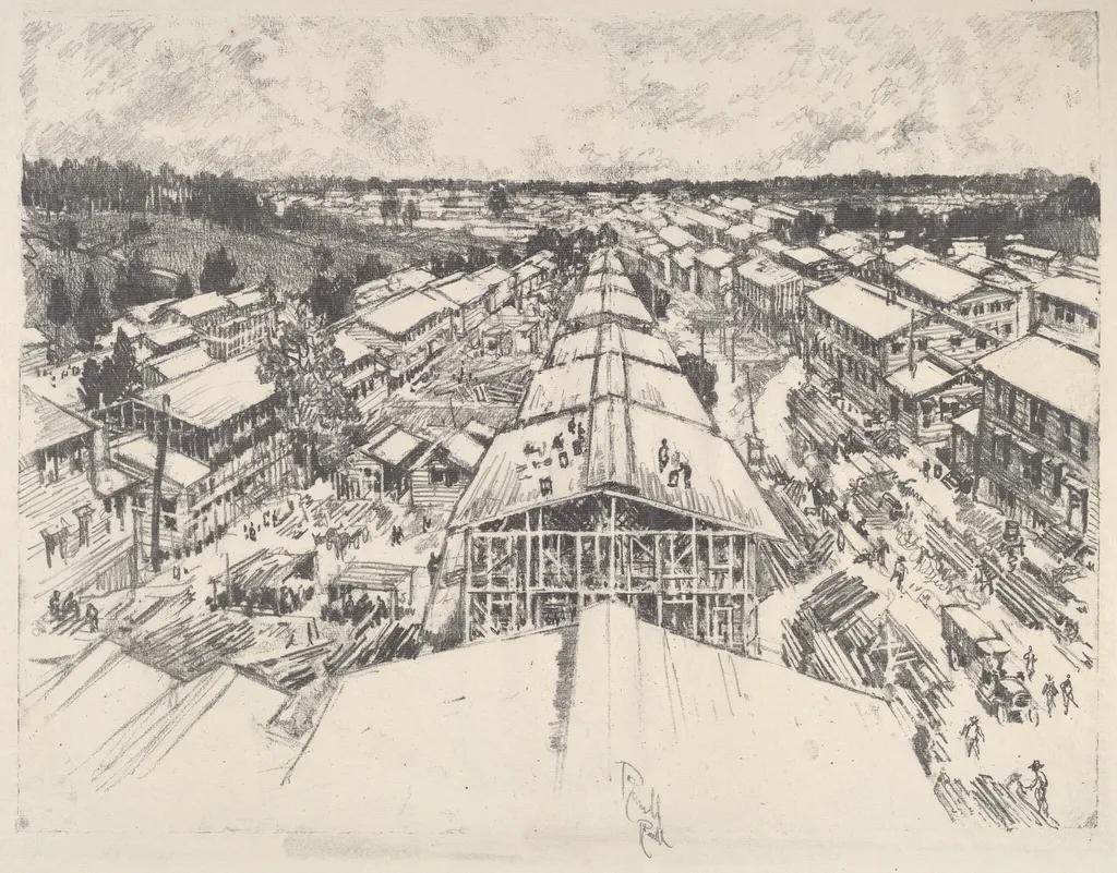 The Camp, the New Architecture, by Joseph Pennell, ink, 1917