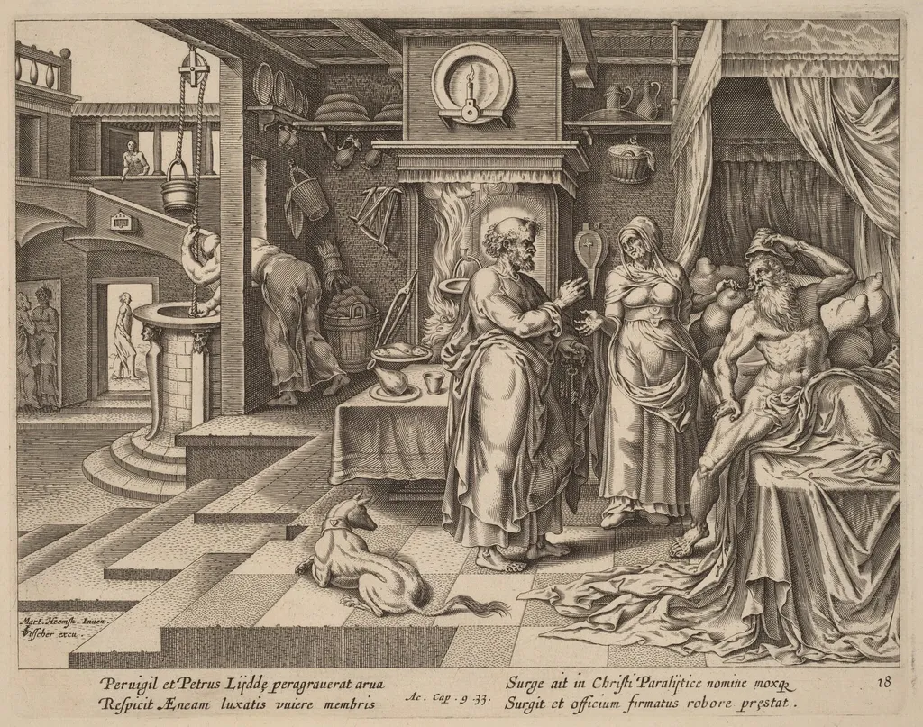 The Healing of Eneas by Saint Peter, by Philip Galle, ink, 1574