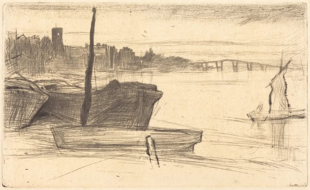 Chelsea Bridge and Church, by James McNeill Whistler, ink, 1871
