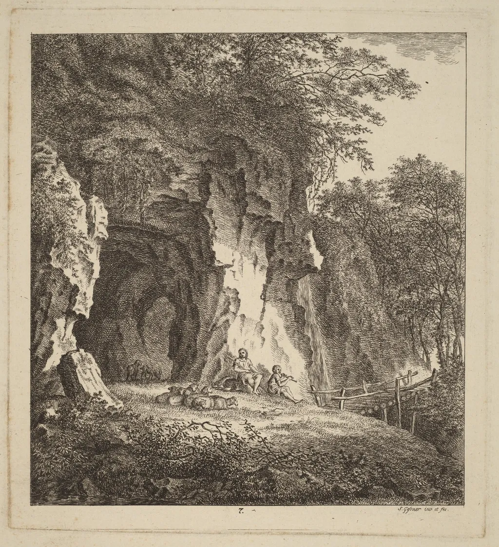 Two Shepherds in a Rocky Landscape, by Salomon Gessner, ink, 1764