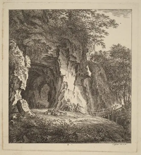 Two Shepherds in a Rocky Landscape, by Salomon Gessner, ink, 1764