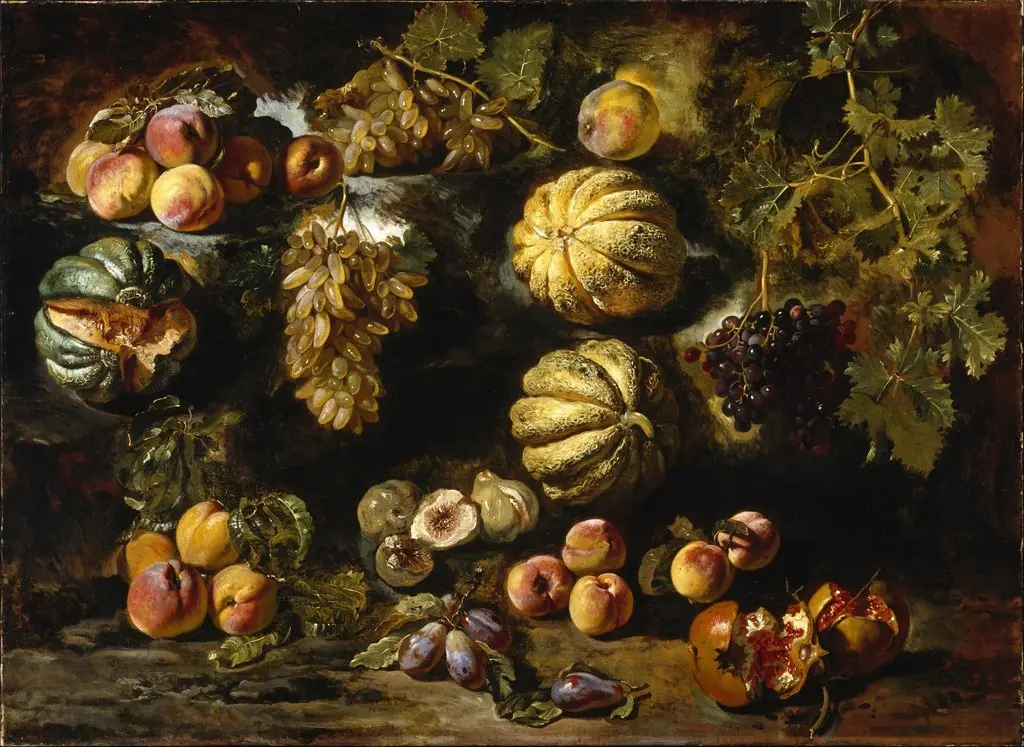 Still Life with Melons, Peaches, Figs, and Grapes, by Michele Pace del Campidoglio, oil, 1640