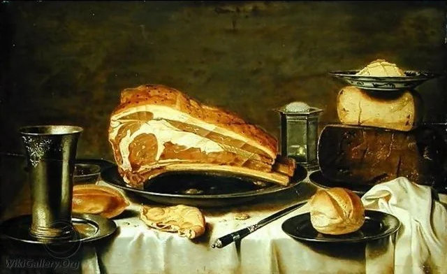 Still life of a laid table with cheese, meat and bread, detail