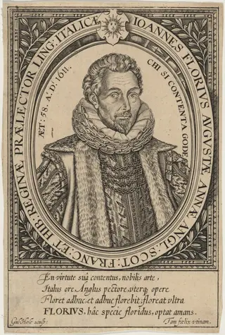 John Florio, by William Hole, ink, 1611