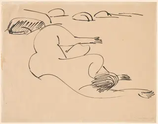 Erna Lying on the Beach among Rocks, by Ernst Ludwig Kirchner, ink, 1912